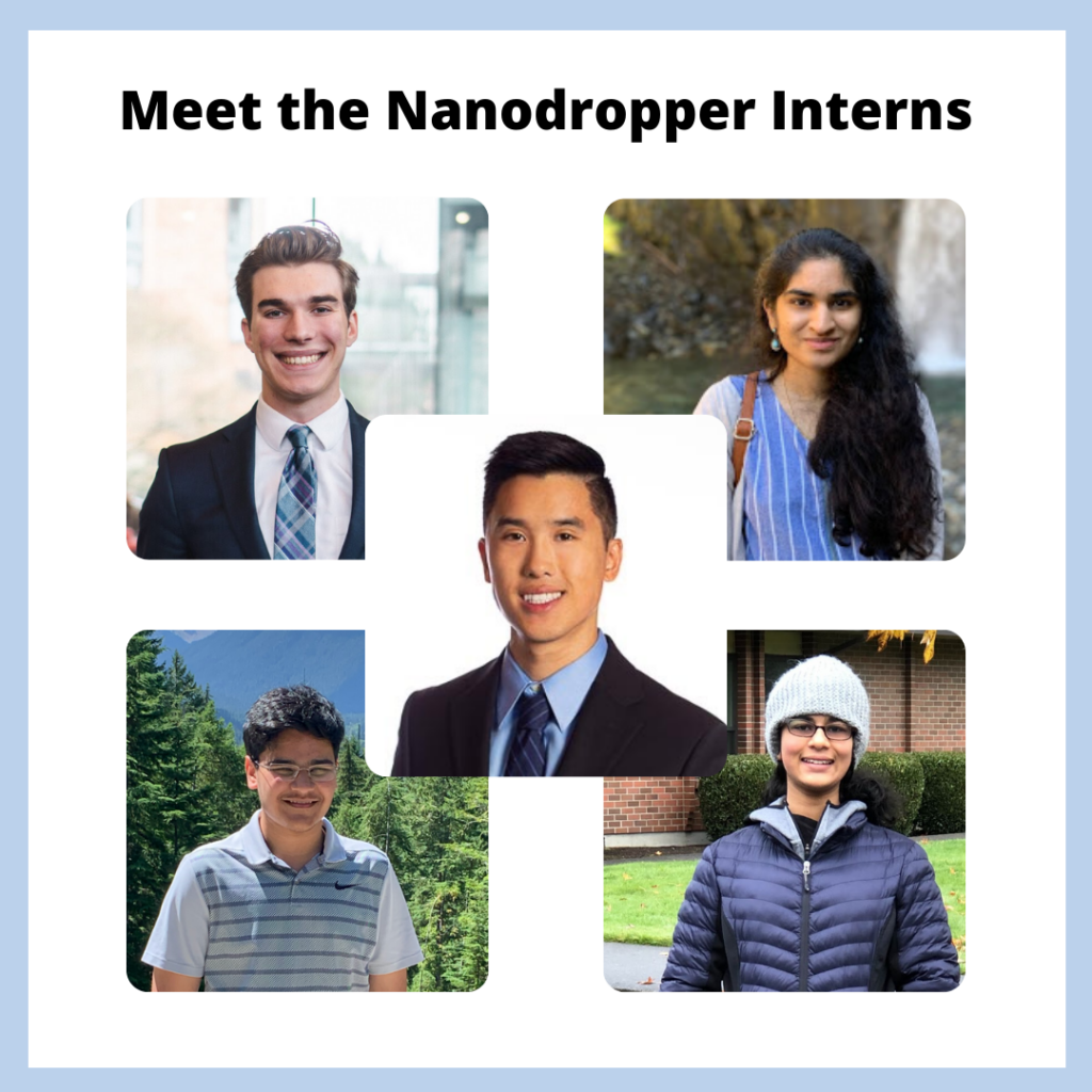 headshots of the interns of Nanodropper, along with the blog post headline