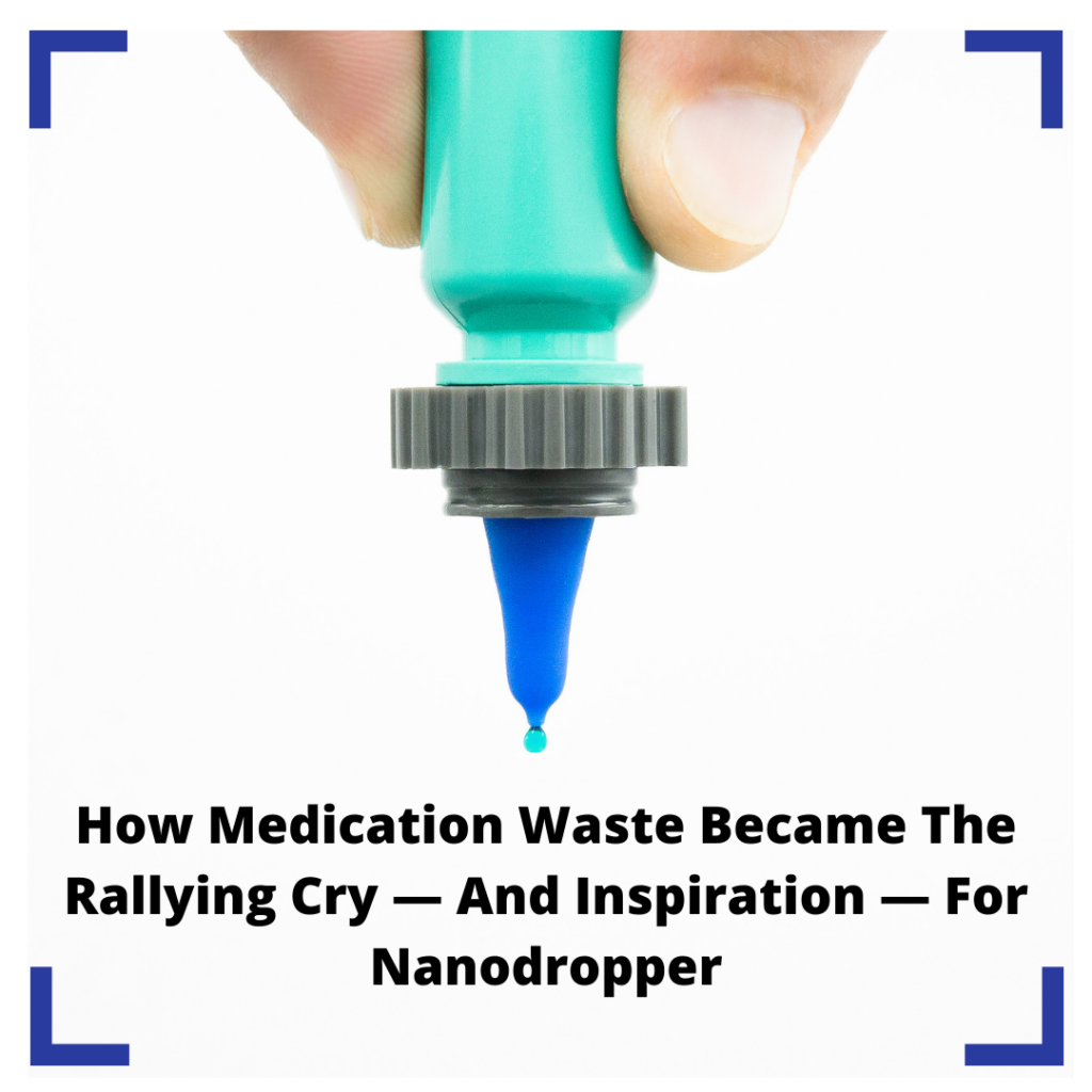 the nanodropper adaptor attached to an eyedrop bottle with the blog post headline below