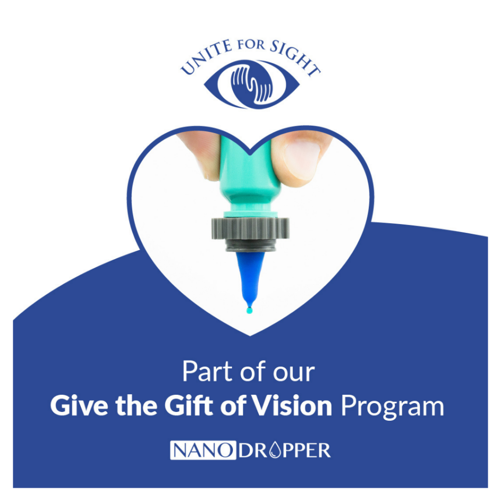 a graphic featuring the nanodropper adaptor along with the nanodropper and unite for sight logos