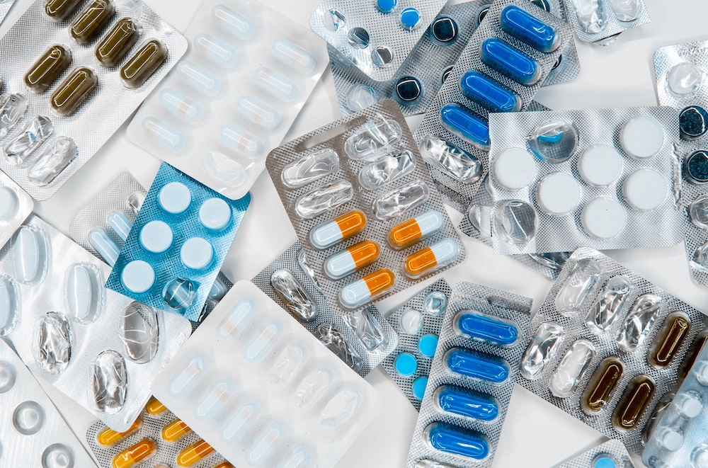 pills laid out on a table