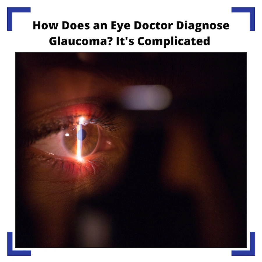 an eye getting examined by a slit lamp, with the blog title up above