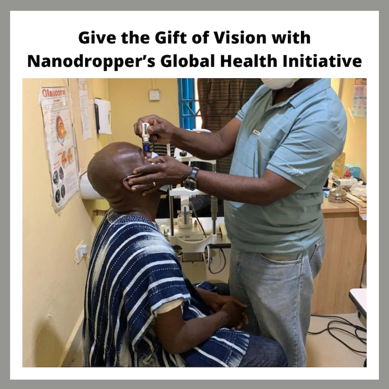 a patient receiving an eyedrop with the nanodropper along with the title of the blog post at the top of the graphic
