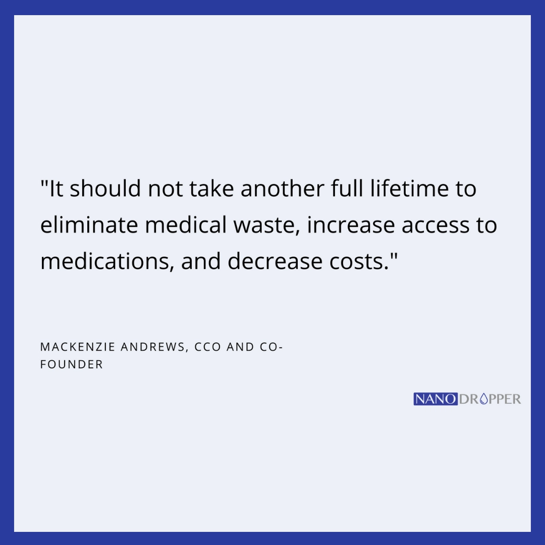 a quote from nanodropper co-founder mackenzie andrews, with the nanodropper logo on the bottom right of the graphic