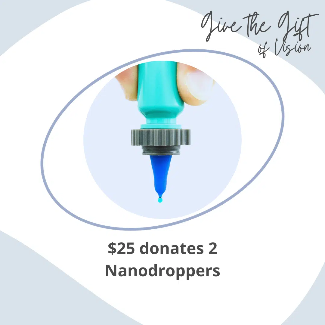 information about nanodropper's give the gift of vision program, with an image of the nanodropper adaptor in use