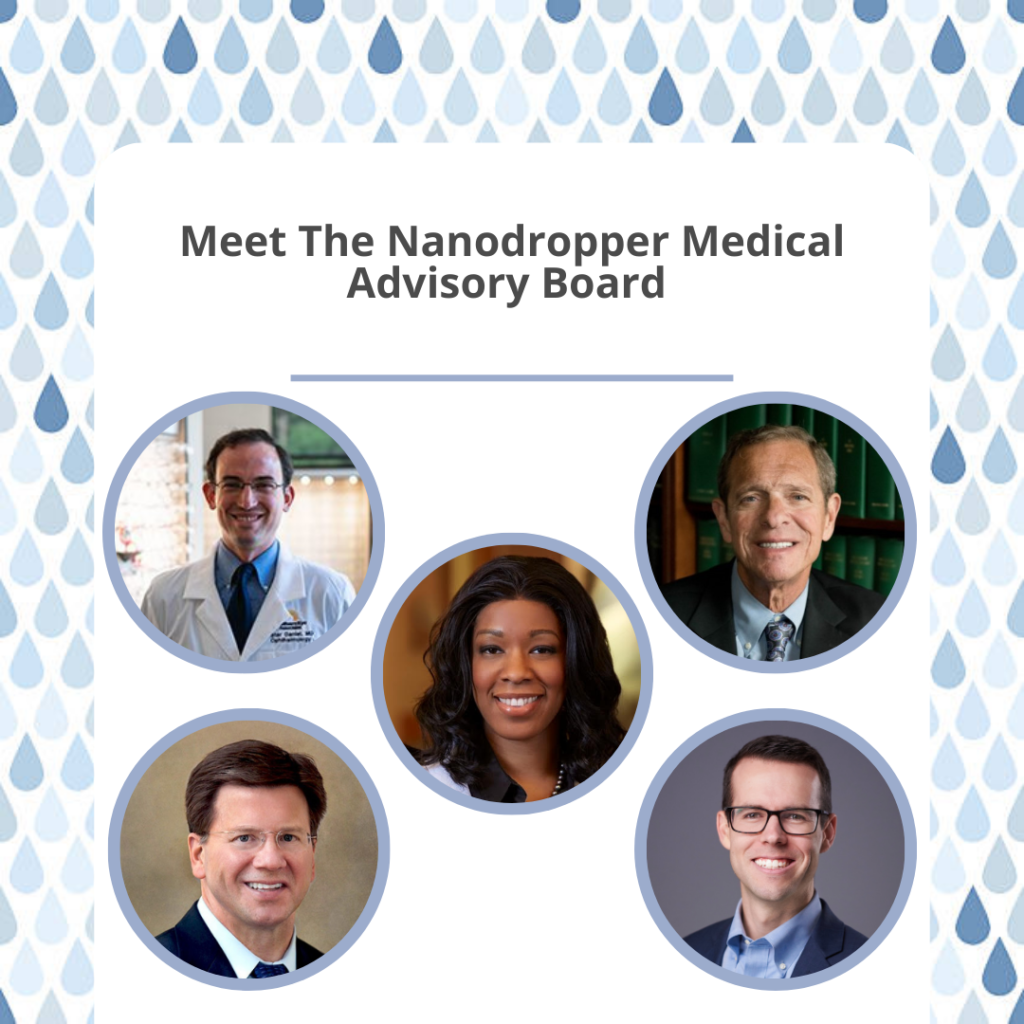 headshots of each member of the nanodropper medical advisory board, along with some drop graphics and the title of the blog post